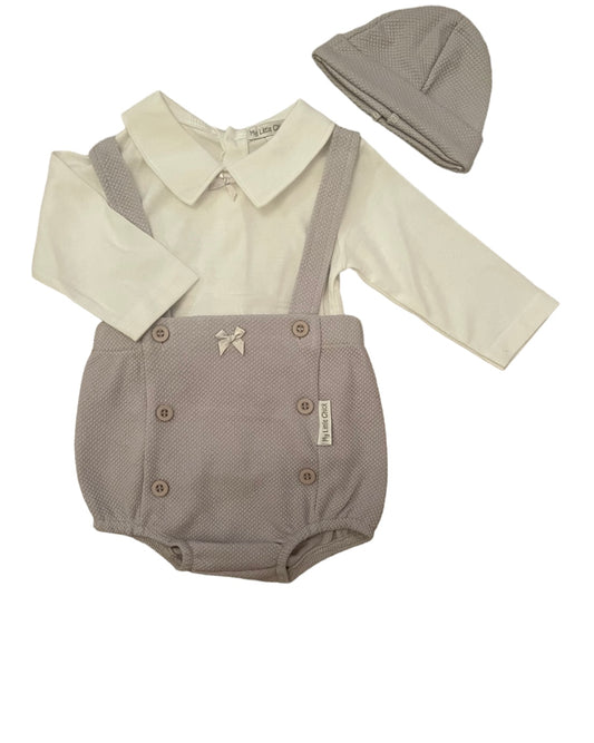 Grey two piece dungaree set with hat