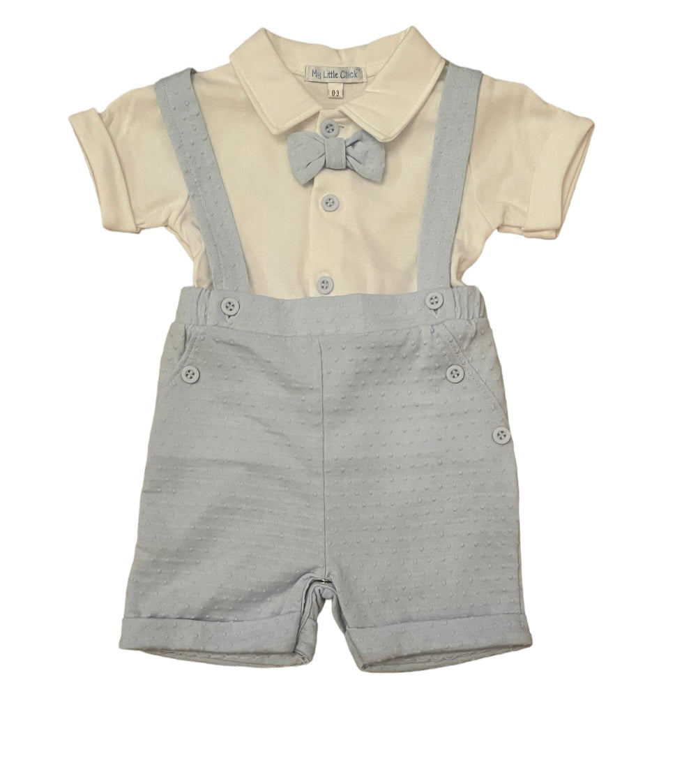 Blue two piece dungaree set with bow